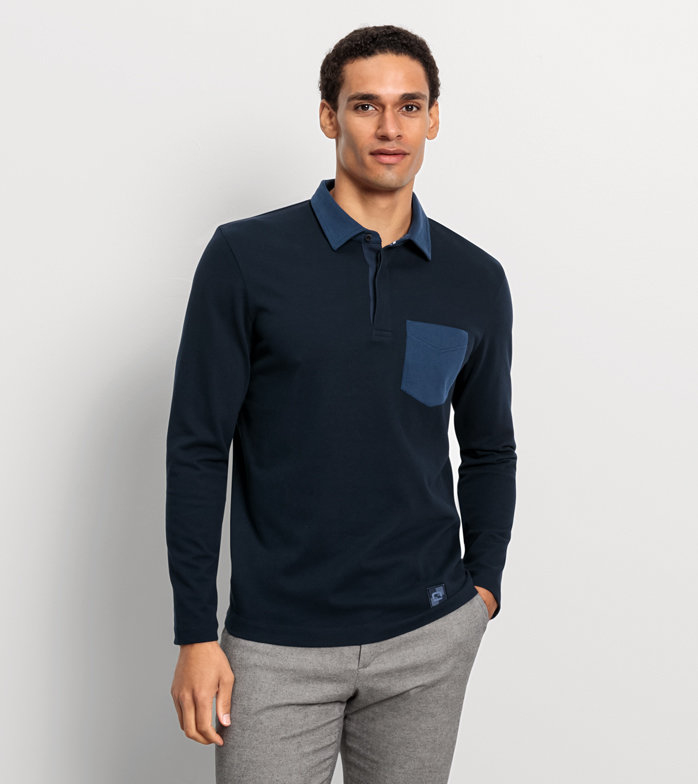 Casual Jersey, Polo met lange mouwen, Marineblauw